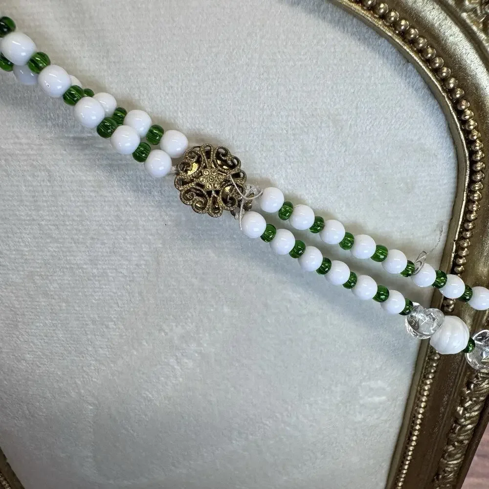 Vintage 2 Strand Green White Beaded‎ Necklace Earrings Set 1950s Costume Jewelry